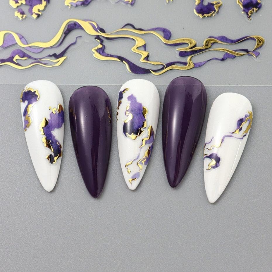6 Pcs Embossed Marble Nail Stickers for Nails Art Gradient Marble Nail-Art Stickers Decals Self-Adhesive Nail Art Decals for Women Nail Supplies Art Design-Purple Blue Brown