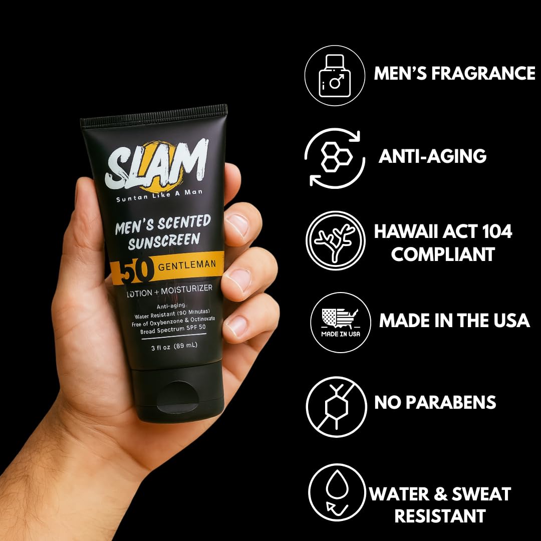 SLAM MysteryMan Men's Sunscreen Lotion SPF 50 & Moisturizer – Face & Body Sun block, Anti-Aging, Water-Resistant, Hawaii Act 104 Safe, Skincare for Men, Scented – 3 fl oz. Double pack.