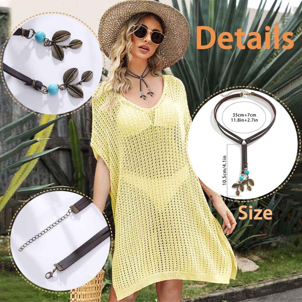 Y2K Necklace Puffy Turquoise Beaded Necklaces Pendant Boho Necklace Leather Choker Wrap Necklaces Jewelry for Women