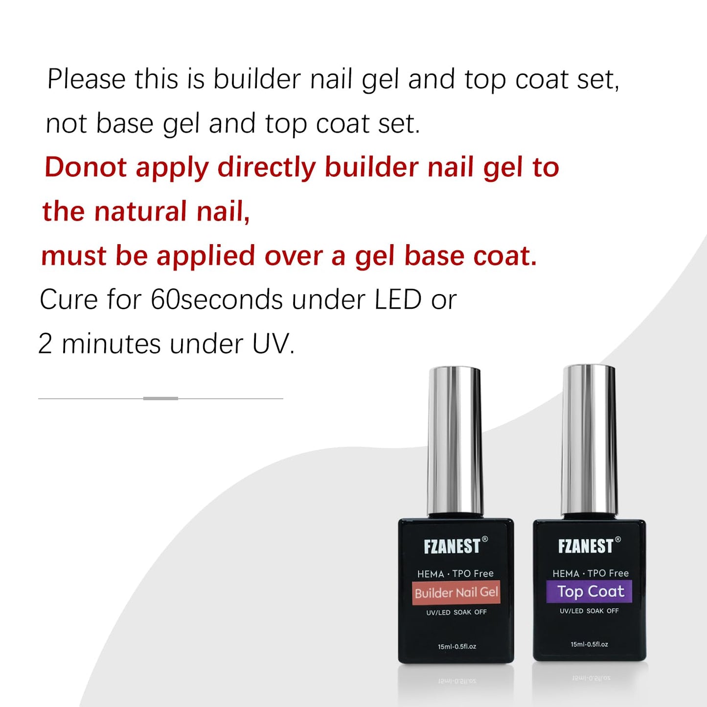 FZANEST Builder Nail Gel and Top Coat, 15ml * 2Pcs Hema & TPO-Free Builder Gel Nail Kit Strengthen Extension No Wipe Ultra Shine Top Coat Nail Polish Soak Off UV Led
