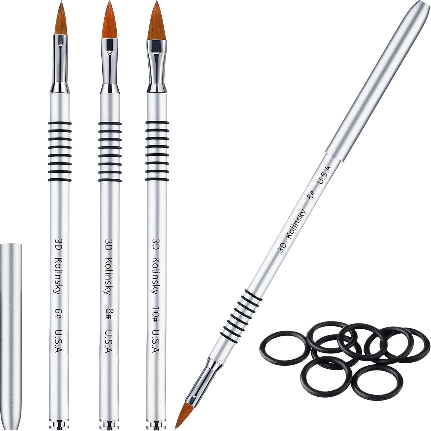 Patelai 3 Pcs Kolinsky 3D Nail Art Brush Set for Acrylic Powder Sculpture Nail Art Brush Size 6/8/10 with silver Metal Nonslip Grip Handle for Acrylic Powder Application