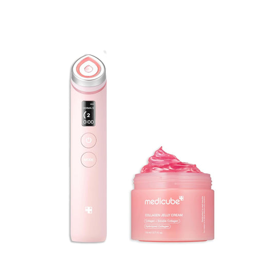 medicube Pink Skincare Set for Glass Glow Skin: Age-R Booster Pro Pink | 6-in-1 Real Glass Glow Beauty Massager and Collagen Jelly Cream- Niacinamide & Freeze-Dried Hydrolyzed Collagen 110ml