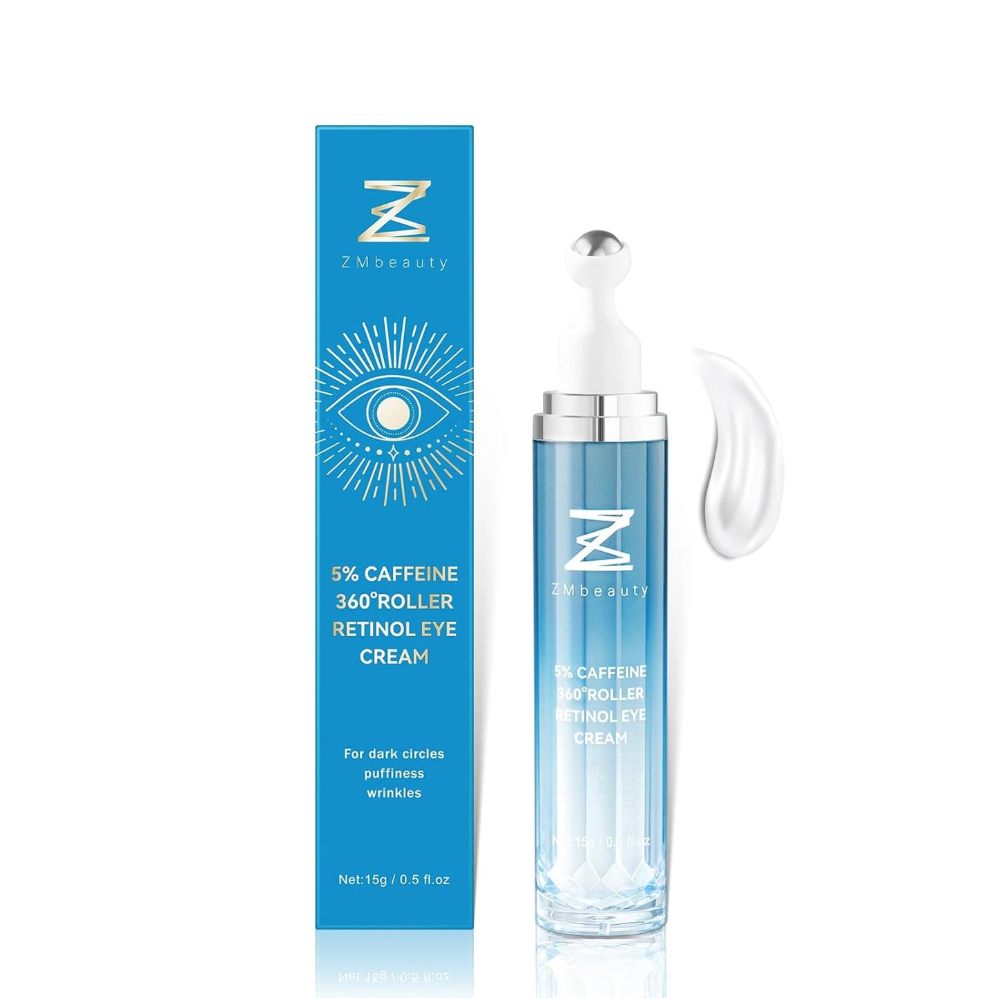 Under Eye Cream with 5% Caffeine, Dark Circles Under Eye Treatment with Retinol, Anti Aging Eye Serum with 360° Massage Roller for Eye Bags, Wrinkles and Puffiness, 0.5 fl. oz