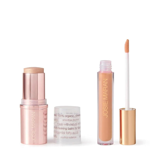 Josie Maran Color Stick & Lip Gloss Makeup Set - Argan Oil-Based Makeup Balm for Lips, Cheeks & Eyes + Hyaluronic Acid Infused Plumping Lip Gloss (2 Piece Set)
