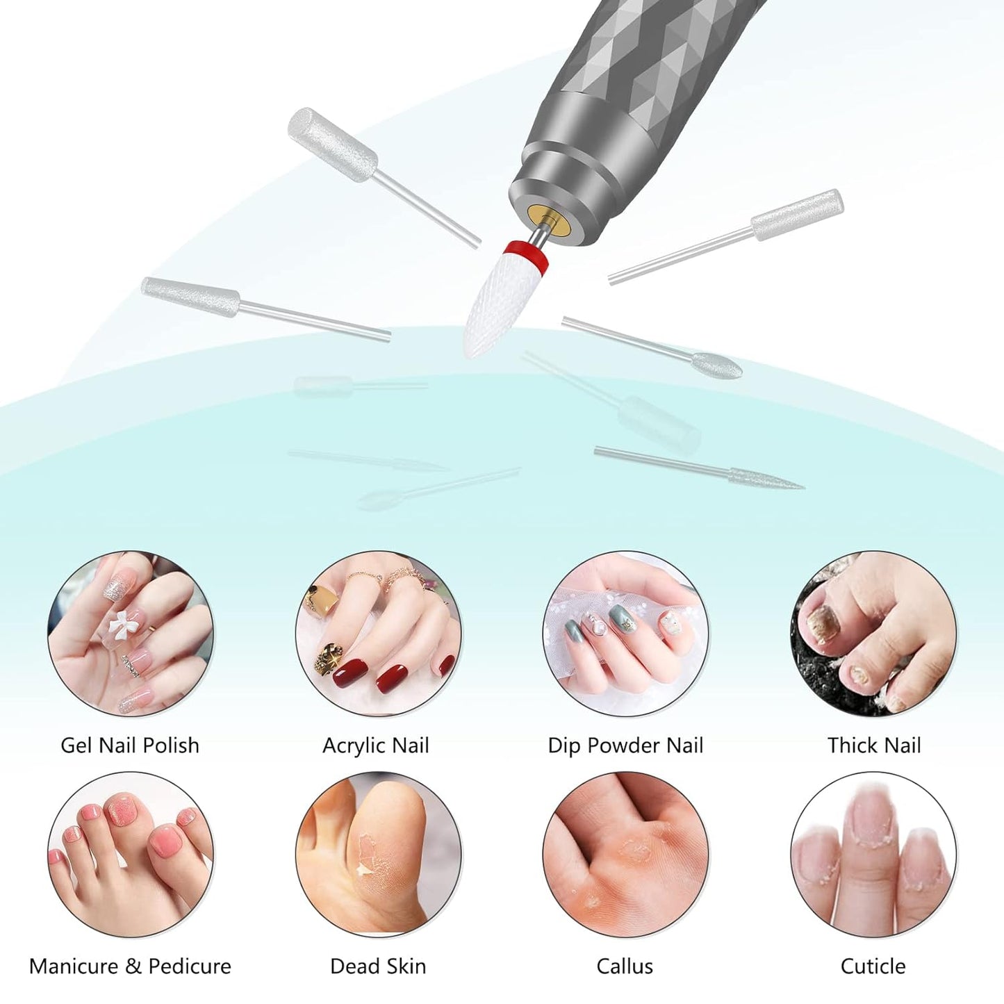 Electric Nail Drill Machine Professional, Rechargeable Cordless Nail File with Bits Kit for Acrylic Gel Dip Nails, Efile Manicure and Pedicure Kit for Home Salon Grinding Polishing Removing, Gray