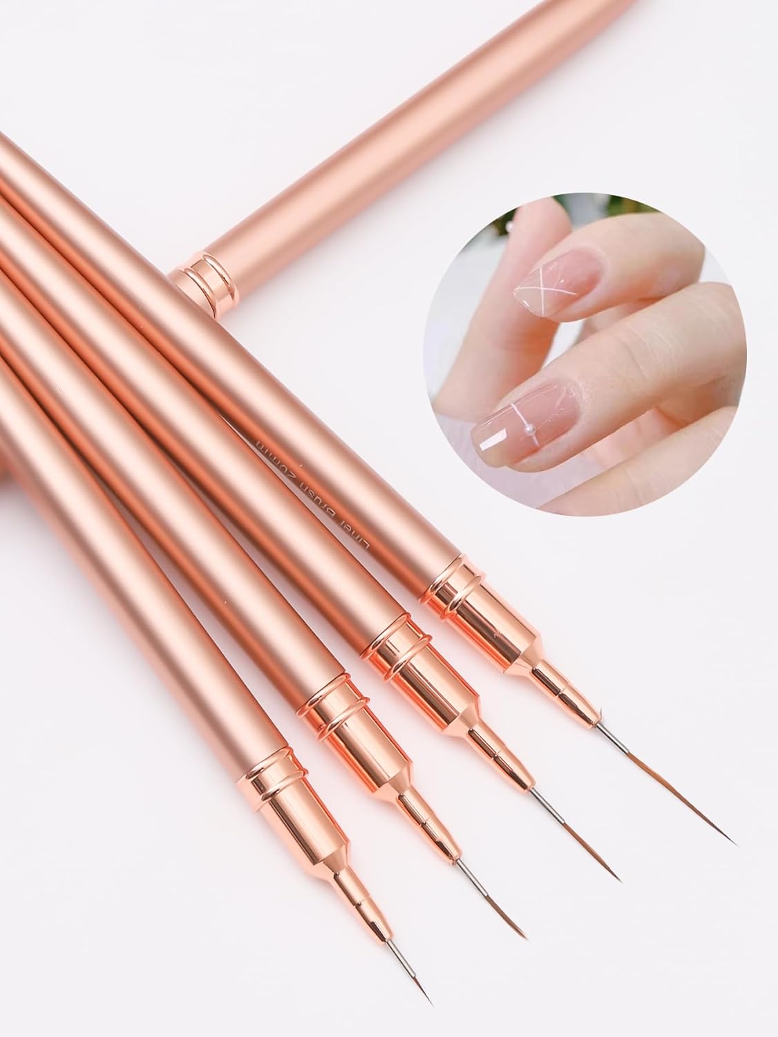 Metallic Nail Art Brushes, 5Pcs Nail Art Liner Brushes, Painting Art Design Brush Set Nail Dotting Drawing Tool for Long Lines, Thin Details, Fine Drawing Sizes 4/8/12/20/25mm, Rose Gold