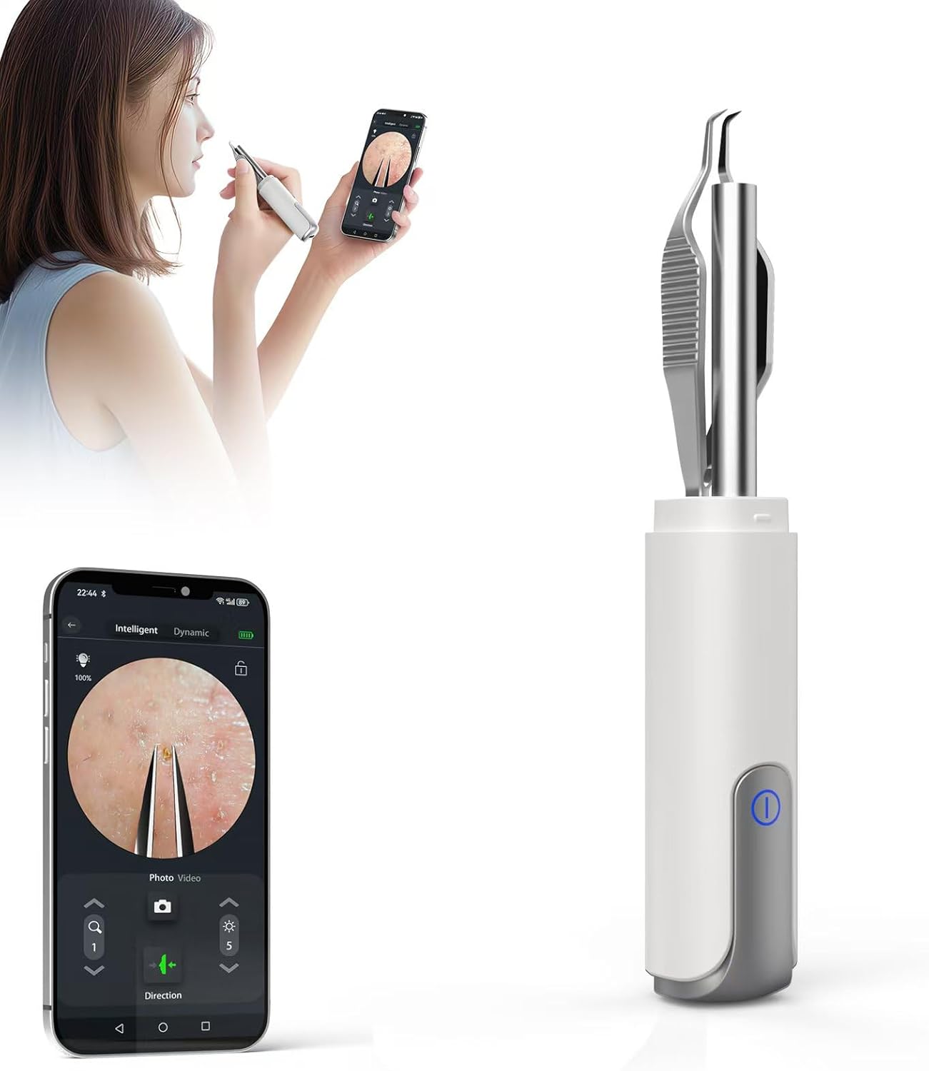 Blackhead Removal Tweezer with 1080p Camera, Ultimate Precision: Blackhead Removal with Camera - Perfect for Delicate Tasks! - - Eyebrow Tweezer, Pull White Hair (White)