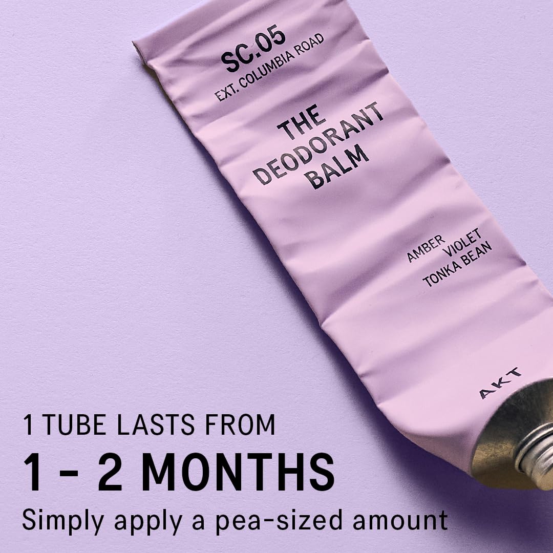 AKT, THE DEODORANT BALM. Award winning, multi-use, natural deodorant. Plastic Free. Gender Free. Aluminium Free. 100% effective — 1 tube lasts up to 3 months. SC.05 COLUMBIA ROAD 50ml/1.76 FL.OZ