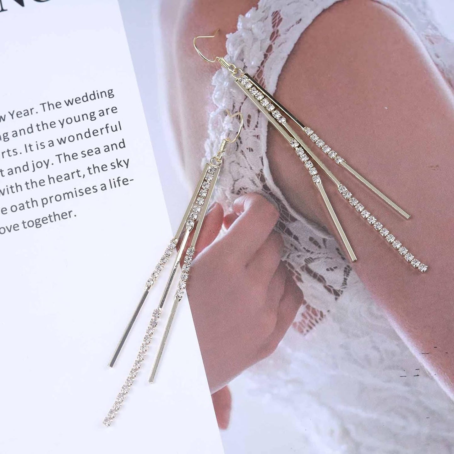 Vintage Crystal Tassel Earrings Rhinestone Bar Drop Earrings Long Rhinestone Chain Earrings Gold Cz Bar Hook Earrings Sparkle Tennis Chain Earrings Jewelry for Women