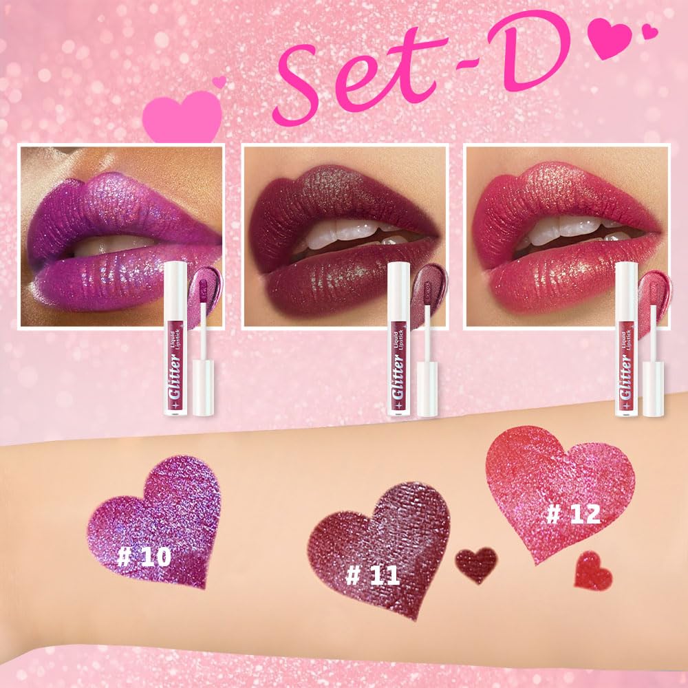 3Pcs Metallic Lipstick for Women,Lightweight Glitter Sparkling Liquid Lipsticks,Shimmer Lip Gloss Stain Long Lasting Waterproof Smudge Proof Non-Drying 24 Hour Full Coverage Lip Makeup,Vegan