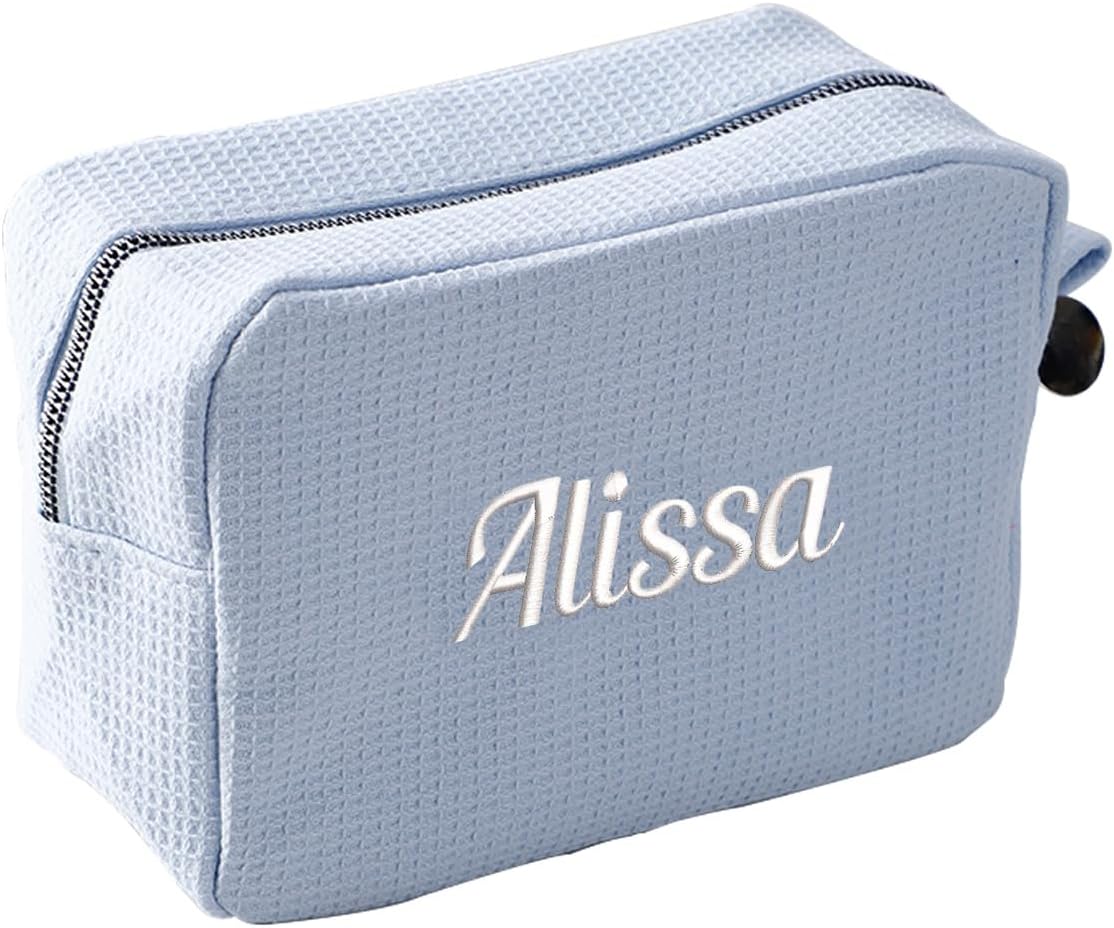 GOPHIE Personalized Embroidered Makeup Bag,Custom Waffle Fabric Cosmetic Pouch for Women, Travel Makeup Pouch (6, Sky Blue)