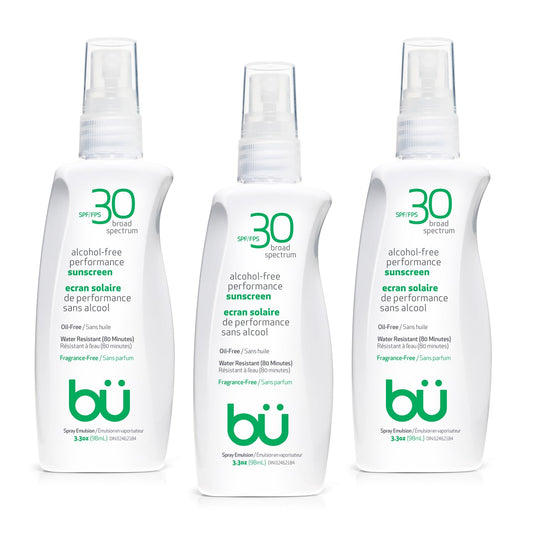 BU SPF 30 Sunscreen Spray for Face and Body, Fragrance Free, TSA Travel Size Sunscreen, Clear, Non Greasy, Water Resistant, for Sensitive Skin, 3.3 oz (3 Pack)