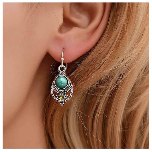 Boho Ethnic Turquoise Drop Earrings Silver Teardrop Turquoise Earrings Gemstone Hook Earrings Retro Drop Dangle Earrings Jewelry for Women and Girls