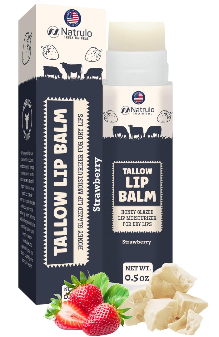 Beef Tallow Lip Balm – Natural Tallow Beeswax Chapstick – Hydrating Moisturizer Grass Fed Tallow Balm Care – Soothes Chapped Dry Lips Sensitive Skin – Long Lasting Vitamin Rich USA-Made, Strawberry