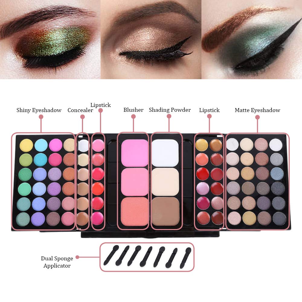 78 Color Makeup Palettes Kit, with 48 Pigmented Shiny Matte Eyeshadow Palette Colorful, 18 Lipstick, 6 Concealer, Blusher, Shading Powder, Dual Sides Sponge Applicators, Cosmetics Gift Set