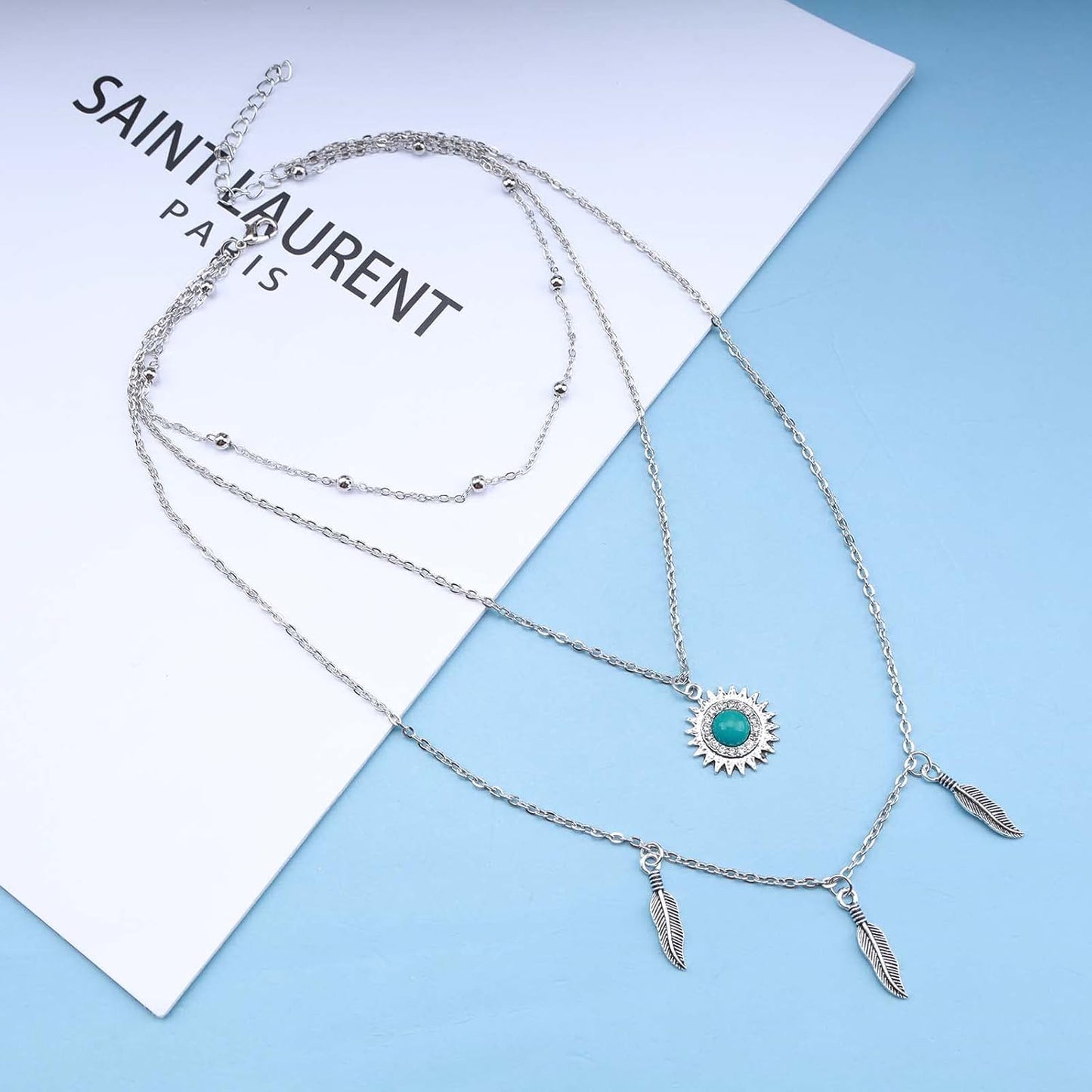 Boho Layered Feather Choker Necklace Turquoise Pendant Necklace Chain Vintage Crystal Paved Sun Necklace Silver Sunflower Necklace Jewelry for Women and Girls