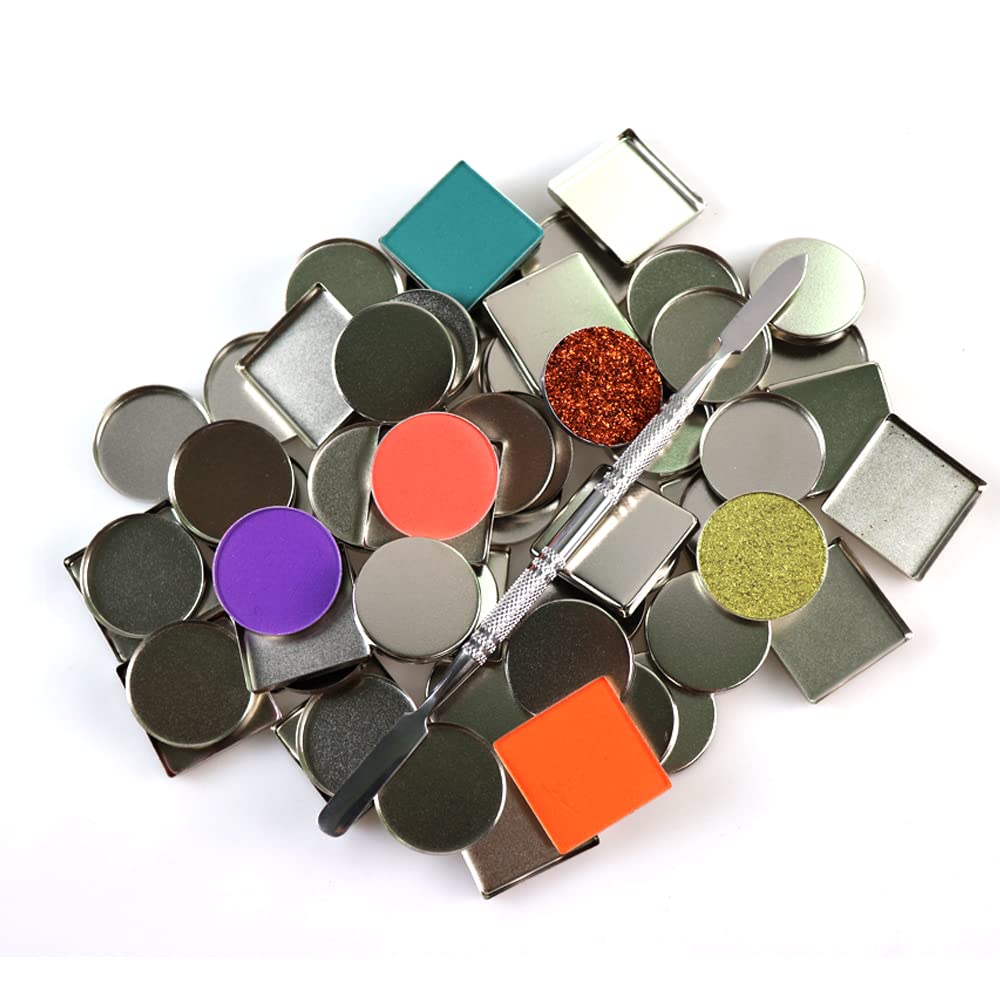 50 Pcs Empty Metal Pans, Makeup Palette Pans for Eyeshadow Magnetic Cosmetic Palette Size 26mm (Square&Round&depotting spatula)