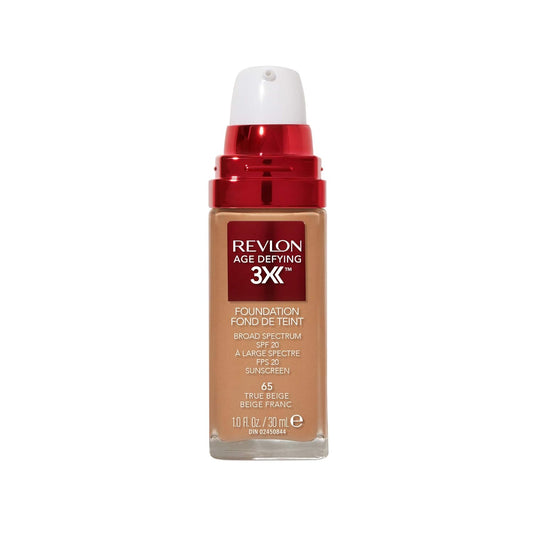 Revlon Age Defying 3X Makeup Foundation, Firming, Lifting and Anti-Aging Medium, Buildable Coverage with Natural Finish SPF 20, 065 True Beige, 1 fl oz