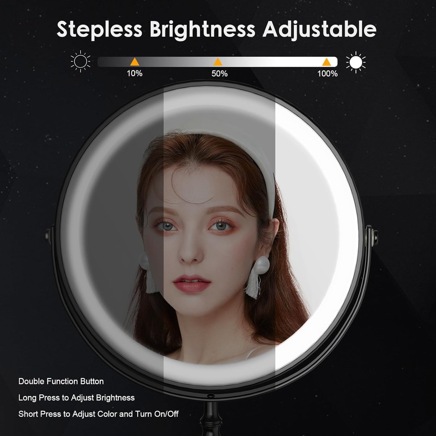 Lighted Makeup Mirror, 3000 mAh Rechargeable Double Sided Magnifying Vanity Mirror with 3 Colors, 1x/10x, 360° Rotation , Brightness Adjustable Magnification Cosmetic Light up Mirror, Women Gift