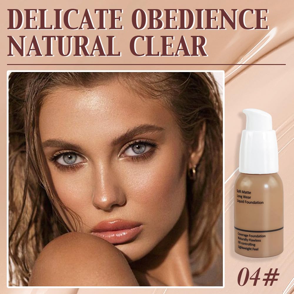 2Pcs Matte Liquid Full Coverage Foundation, Flawless Soft Matte 24HR Oil Control Full Coverage Foundation Makeup for Women, Long-Lasting Waterproof Full Coverage, 04#Warm Sun (04+04, Pack of 2)