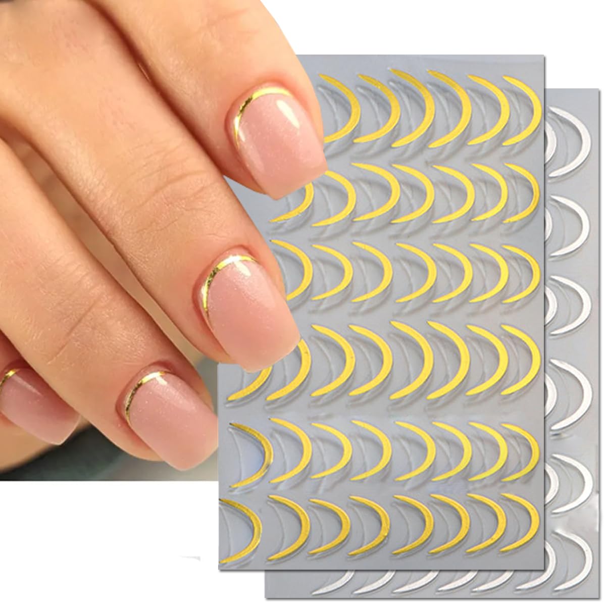 8Sheets French Line Nail Stickers, 3D Sticker for Nail Art Gold Silver White Lines Adhesive Tapes Stripes Swirl with Diamond Nail Design Curved Gel Nail Art Sliders Polish Manicure Tip Nail Decoration