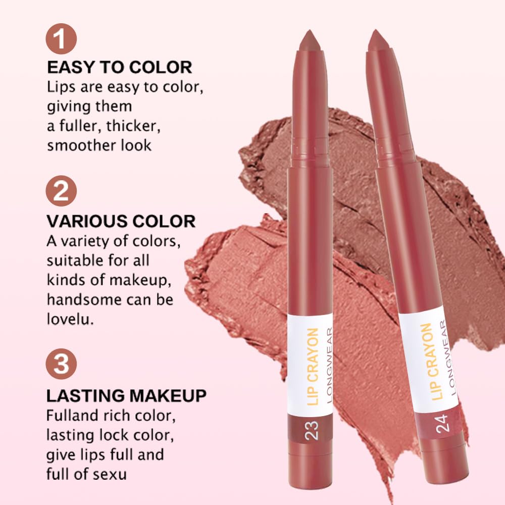 BINGBRUSH Matte Lip Crayon Set – Longwear, Waterproof, Velvet Finish, Built-in Sharpener, Smooth Lip Liner & Gloss (23#+24#, 2 Count (Pack of 1))