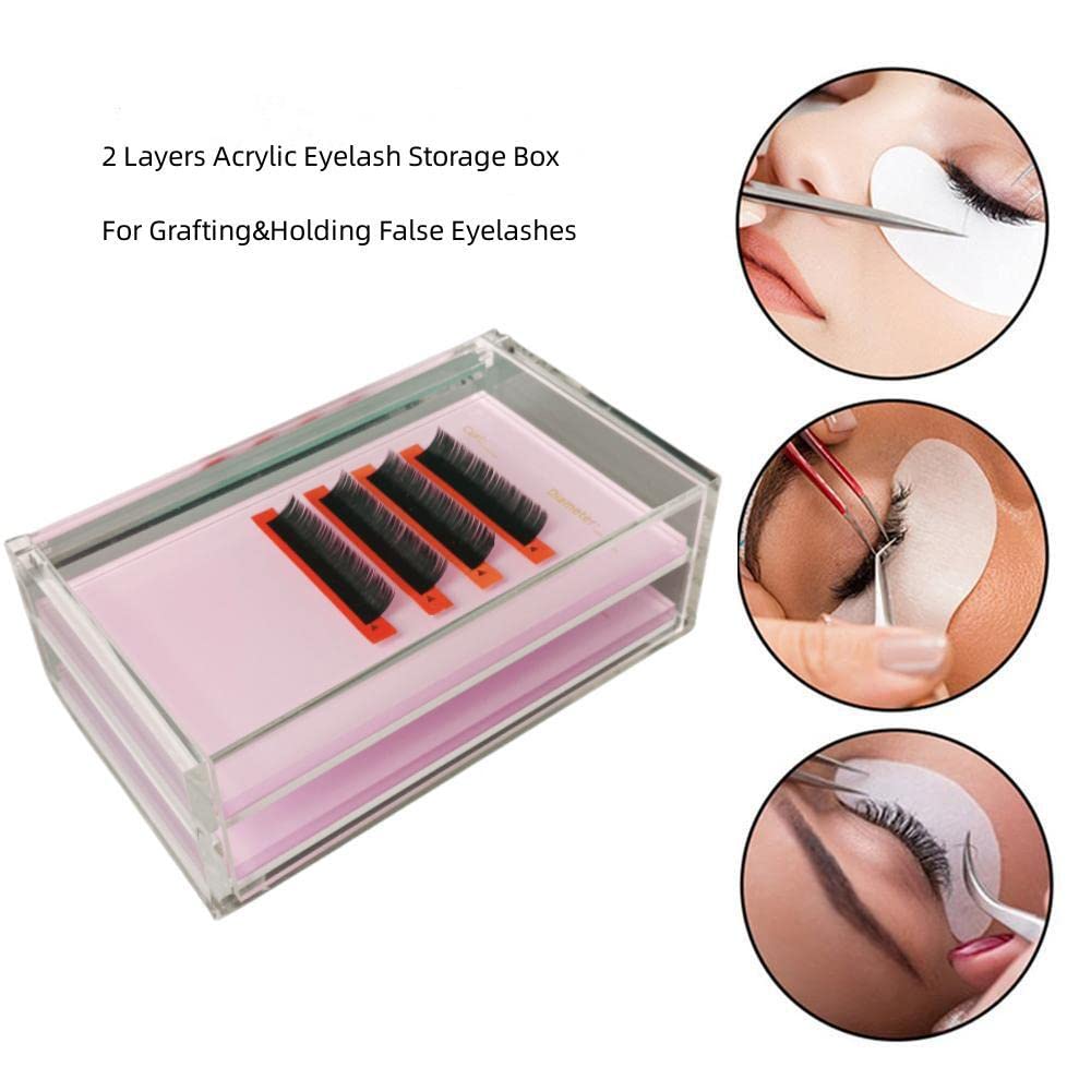 Two Layers Eyelash Grafting Pallet with Cover, Dust-proof Acrylic Lash Tile holder, Eyelash Extensions Storage Gasket Pads 2 Tiers for Beginners Beauty Artist Salon (Pink)