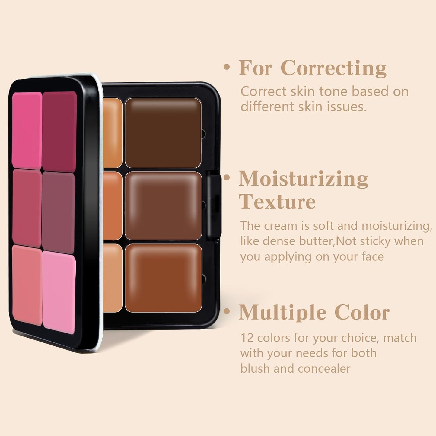 12 Colors Color Correcting Concealer Foundation Palette, Cream Blush and Concealer Palette, Long Wearing Smudge Proof Blendable Matte Finish Blush Powder Highlighter Cream Contour Palette Makeup (02)