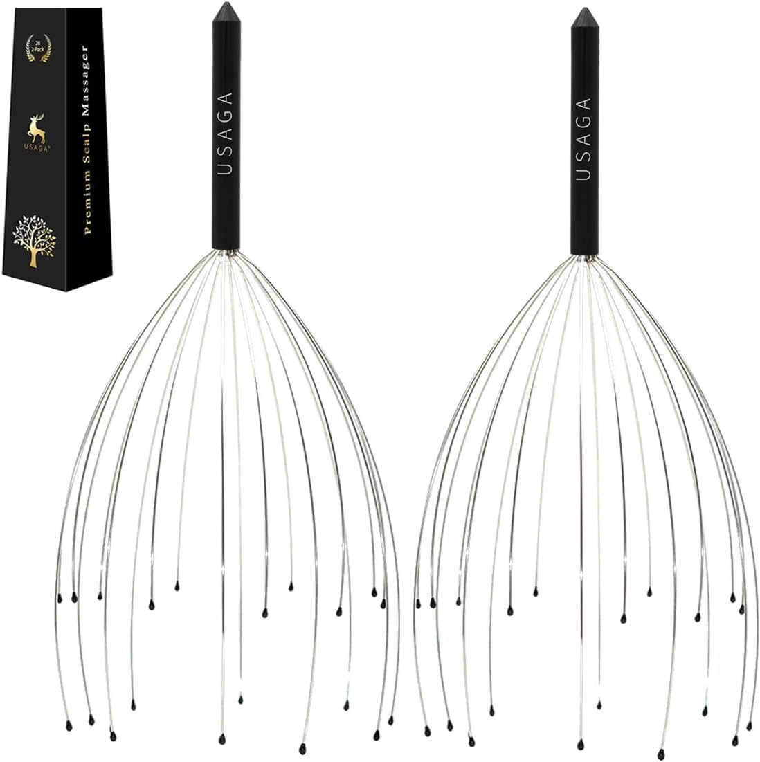 USAGA Head Massager Scalp Massager 20 Fingers Head Scratcher for Scalp Body Relaxing (Black & Black)