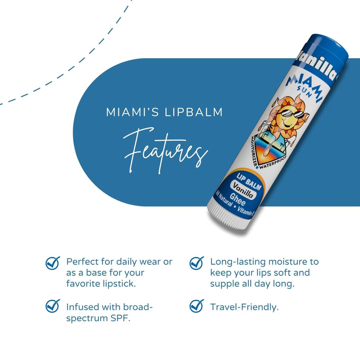 Miami Sun Natural Ghee Lip Balm, Hydrating Lip Treatment with Shea Butter & Beeswax, Organic & Non-Toxic, Best for Dry, Chapped Lips - Moisturizing, Healing, Chemical-Free Lip Repair (2 Pcs, Vanilla)