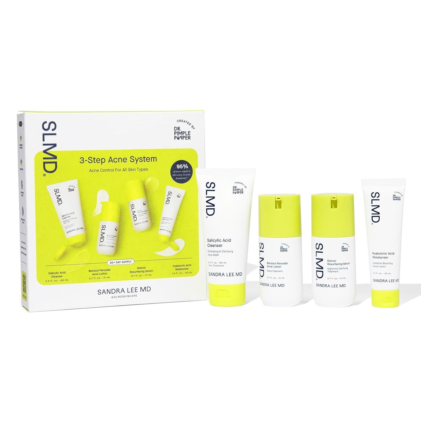 SLMD Skincare by Dr. Pimple Popper - 30-Day Acne System - 4-pc Kit - 3 Steps, 2x per Day Full Routine to Treat and Prevent All Stages of Acne