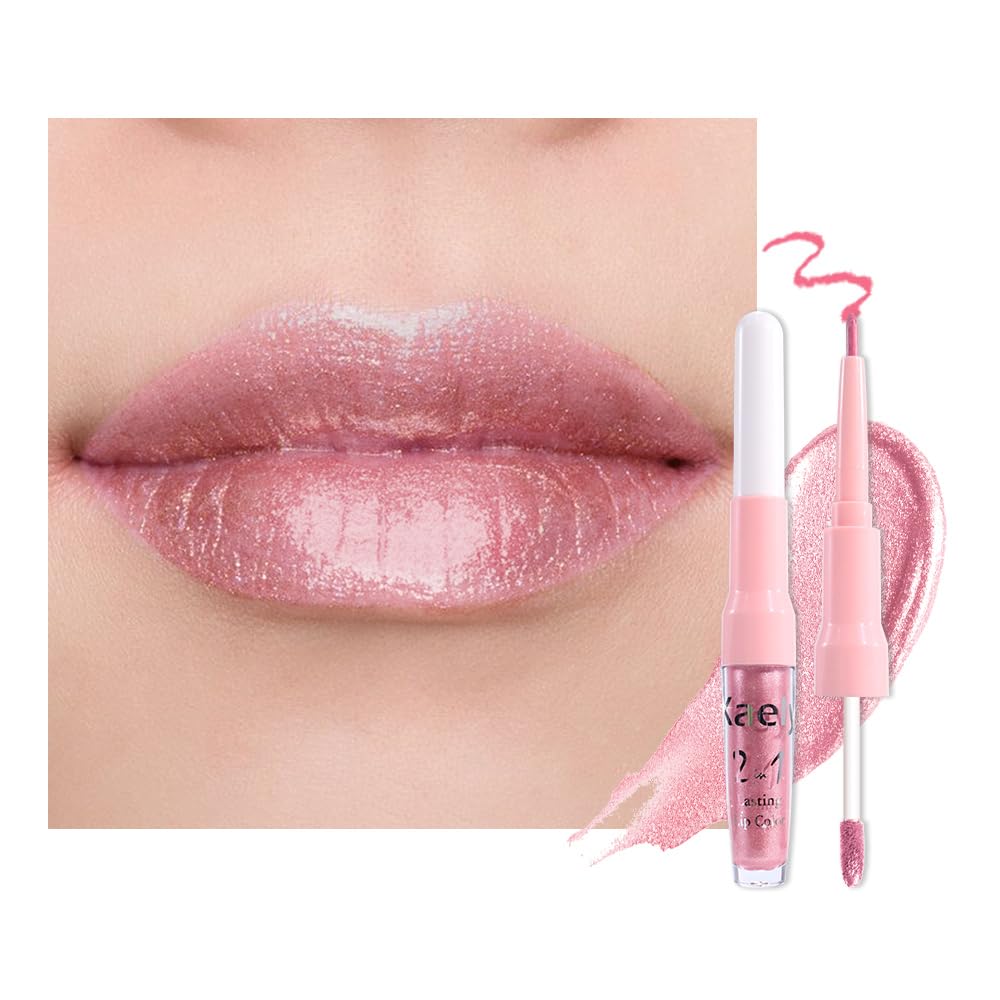 Kaely 2-in-1 Nude Pink Metallic Lipstick and Lip Liner, Shimmer Liquid Metallic Lipsticks for Women, Glitter Lip Gloss Stain Long Lasting Waterproof Smudge Proof 24 Hour, Vegan Makeup, 19