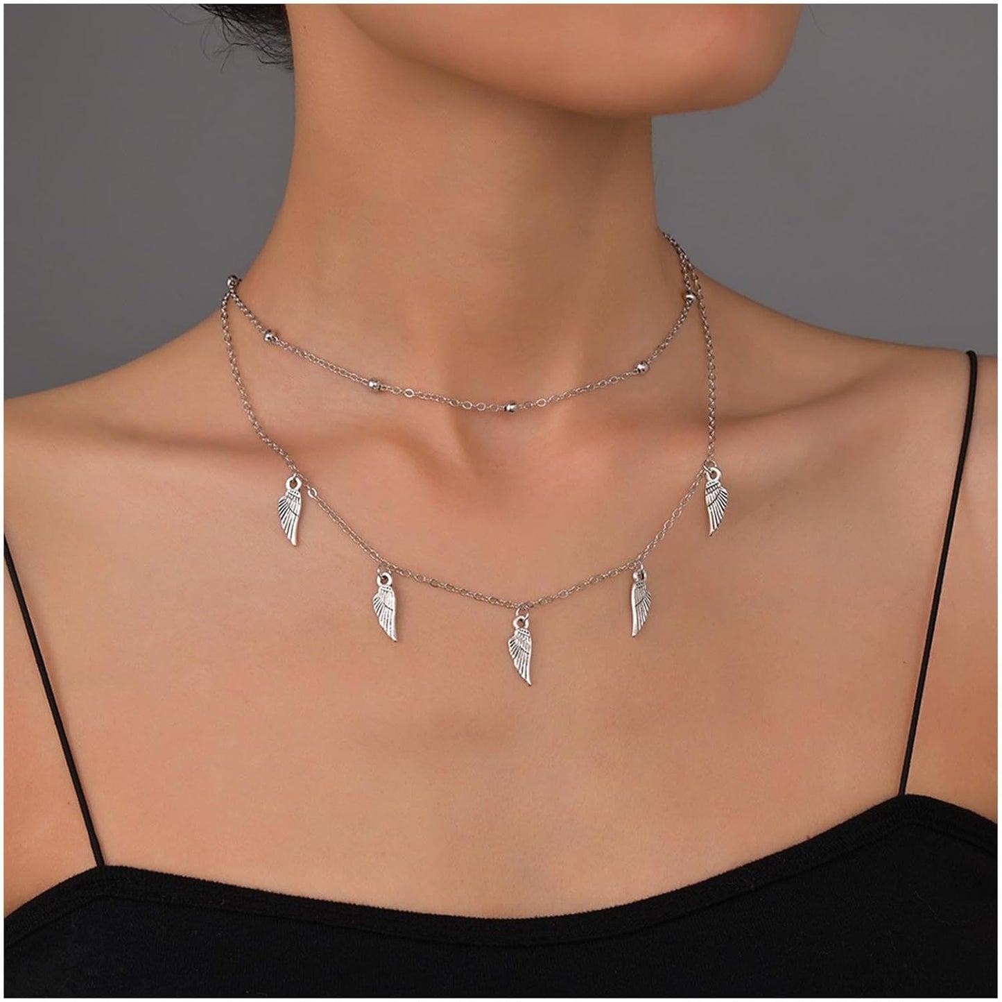 Vintage Layered Wing Dangle Necklace Angel Wing Pendant Necklace Tiny Wing Choker Necklace Silver Angel Wing Necklace Jewelry for Women