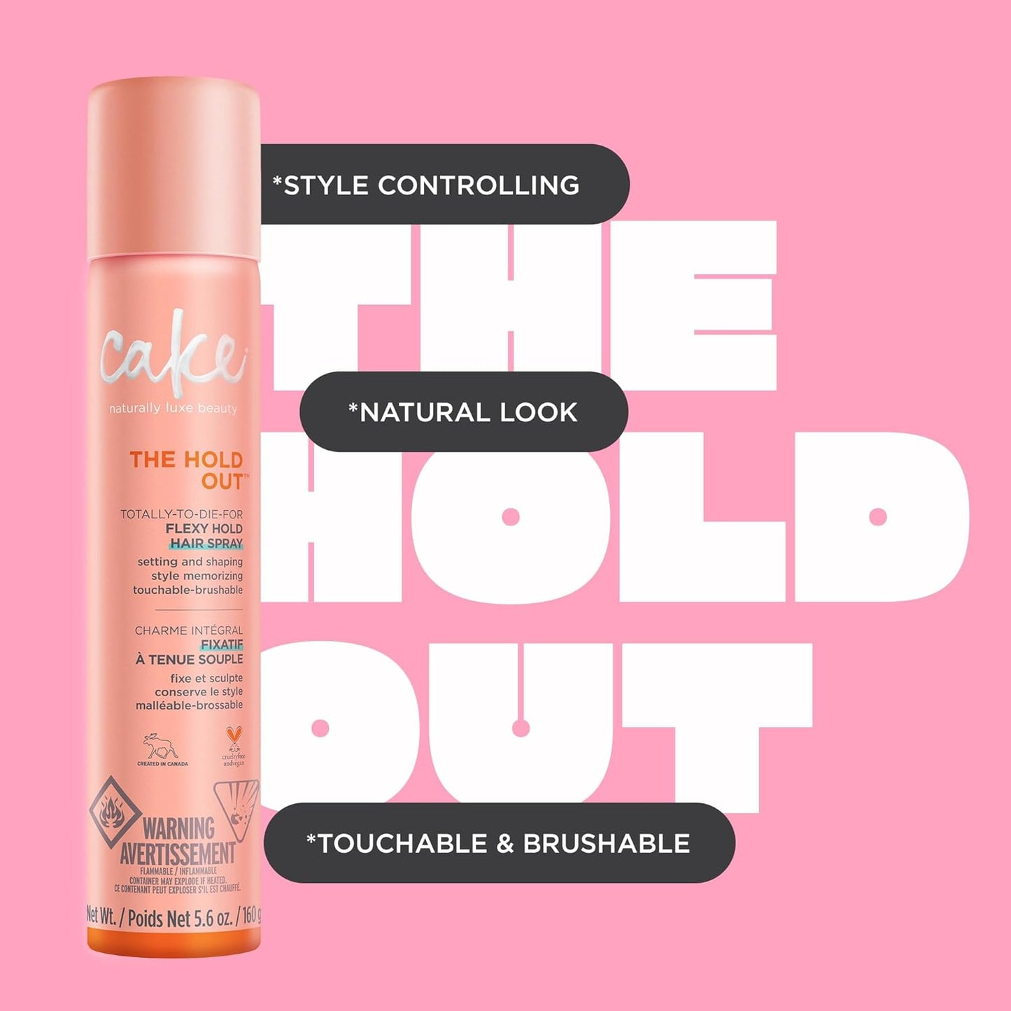 Cake Beauty Hairspray, The Hold Out – For Crunch Free Brushable, Touchable, Flexible Hold & Soft Volume – Vitamin E & Abyssinian Oil – For All Hair Types- 5.6 Oz.