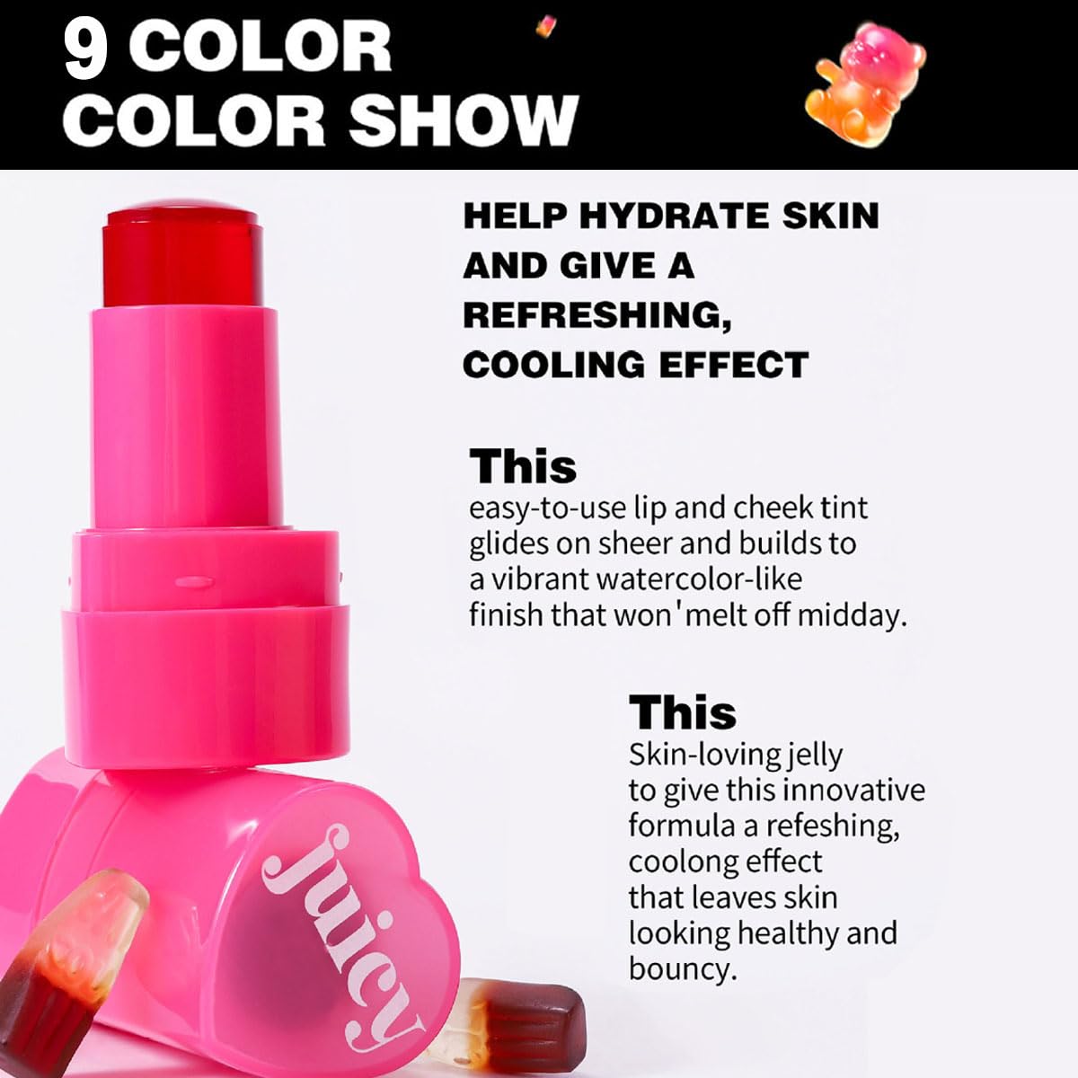 Cooling Water Jelly Tint Stick，Multi-Use Juicy Love Blush, 3-In-1cheek Blush & Eyeshadow & Lip Tinted Long-Lasting Moisture Stick，Bouncy Jelly Texture，Creates A Moist Watercolor Effect (#03, 0.32oz)