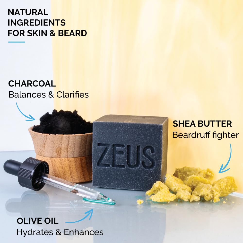 ZEUS Beard Wash Bar for Men, All-Natural Hydrating Shampoo, Skin-Clarifying Soap & Beard Care Cleanser with Natural Ingredients, Anti-Itch & Gentle on Skin (Made in USA) Sandalwood