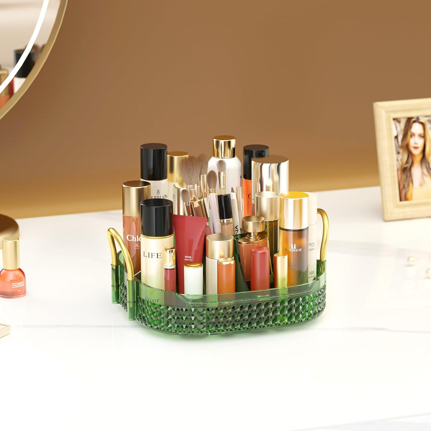 Awenia Rotating Makeup Organizer 360, Stackable Adjustable Large Capacity Cosmetic Storage Unit,Dresser Bathroom Kitchen Countertop Organizer with Metal Handle, Plus Size (Gem Green, 1 Tier)