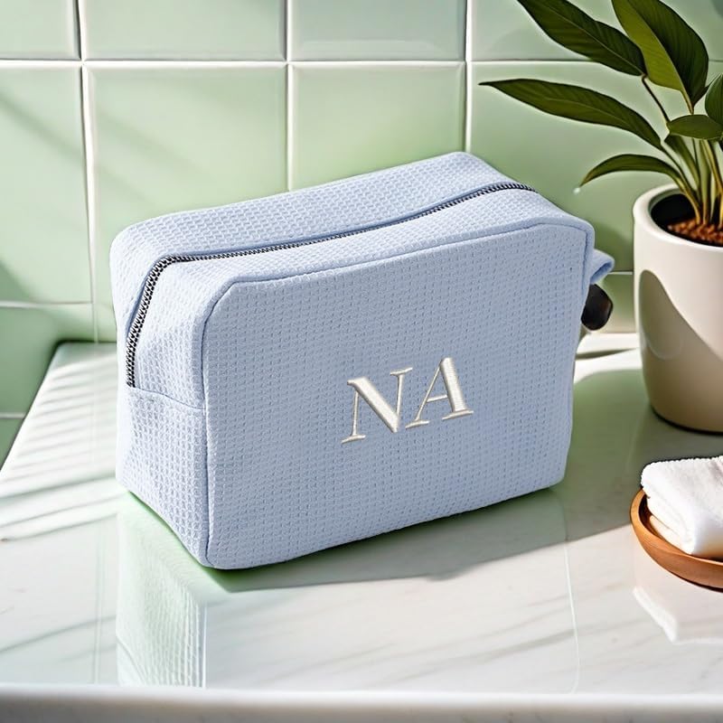 GOPHIE Personalized Embroidered Makeup Bag,Custom Waffle Fabric Cosmetic Pouch for Women, Travel Makeup Pouch (6, Sky Blue)