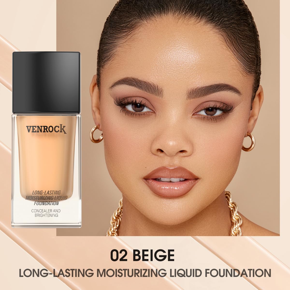 VENROCK 24HR Long-Lasting Moisturizing Liquid Foundation | Radiant, Waterproof, Concealing & Oil-Control (02# Beige, 30ml)