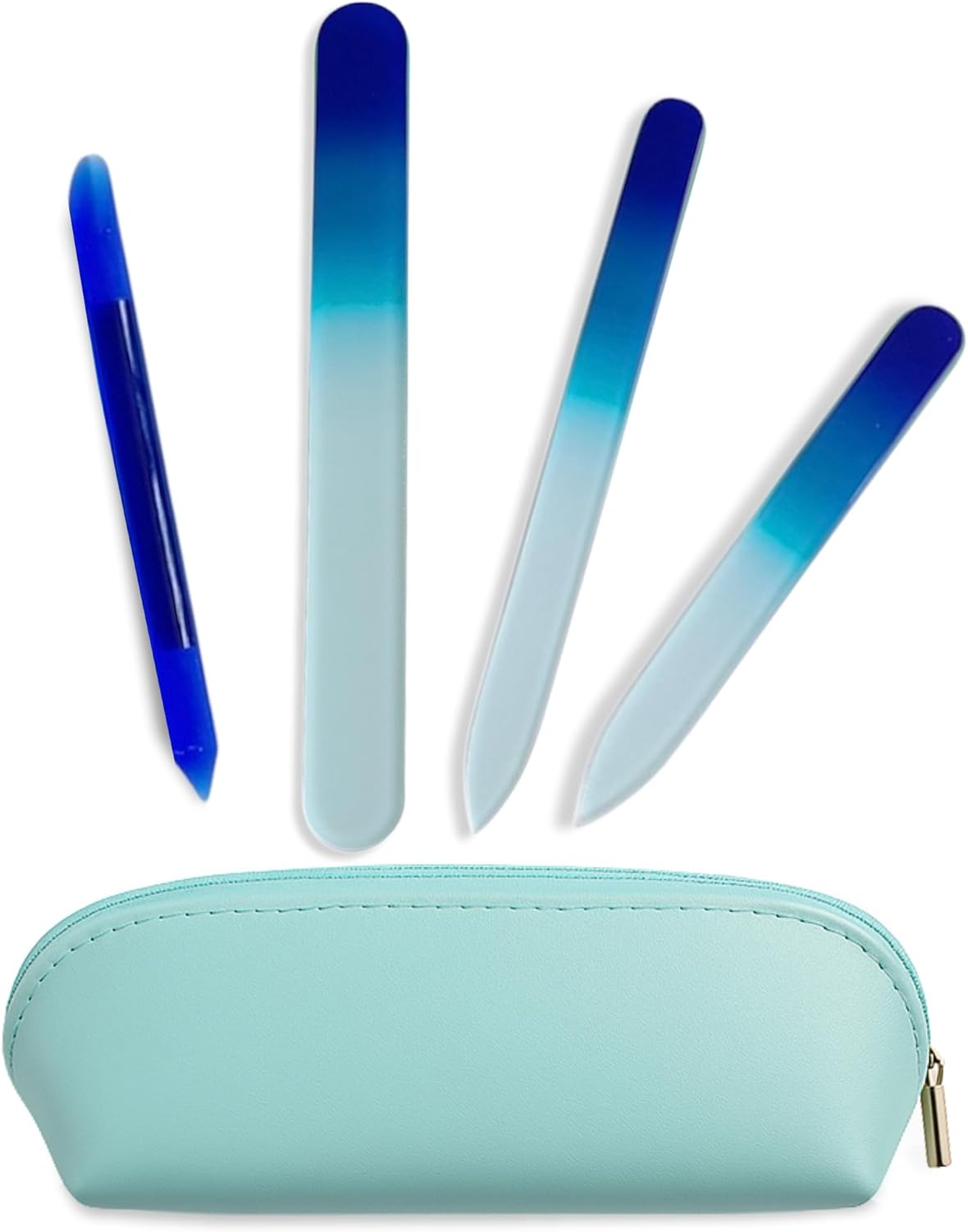 Alban Czech Glass Nail File Set with Manicure Stick & Vegan Leather Cosmetic Case (Royal Blue Nail Files, Royal Manicure Stick & Light Blue Cosmetic Case)