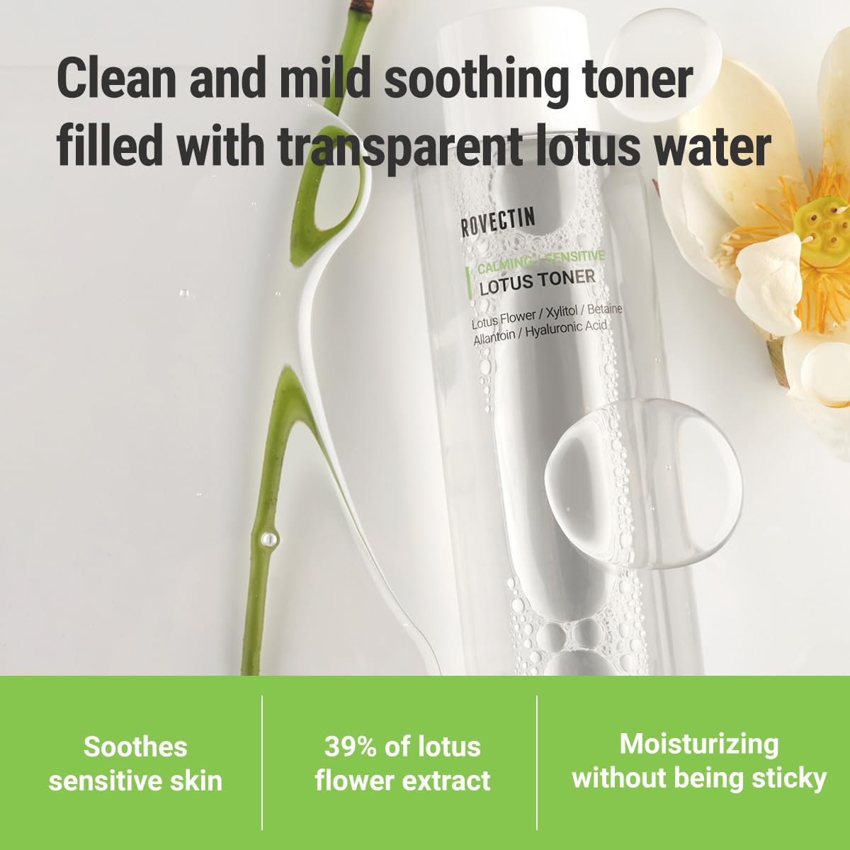 ROVECTIN Calming Lotus Water Toner - pH4.7 Extra Soothing and Hydrating for Trouble Care | 40% Lotus Flower Extract for Purifying | Hyaluronic Acid, Alcohol-Free, Vegan, K-Beauty (6.76 fl. oz, 200ml)