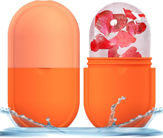 KOGITI Face Ice Roller & Mold - Beauty Facial Massage Tool for Puffiness Relief, Ice Cube Holder (New-Orange)