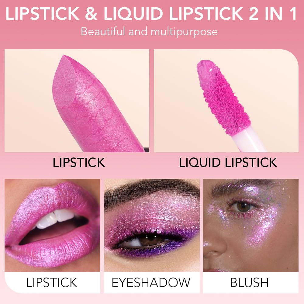 evpct 2 in 1 Hot Pink Glitter Metallic Shimmer Diamond Lipstick and Lip Gloss Set for Women Long Lasting Waterproof, Rose Pink Sparkle Glitter Shiny Lipstick and Lip Liner Makeup Set, 04#