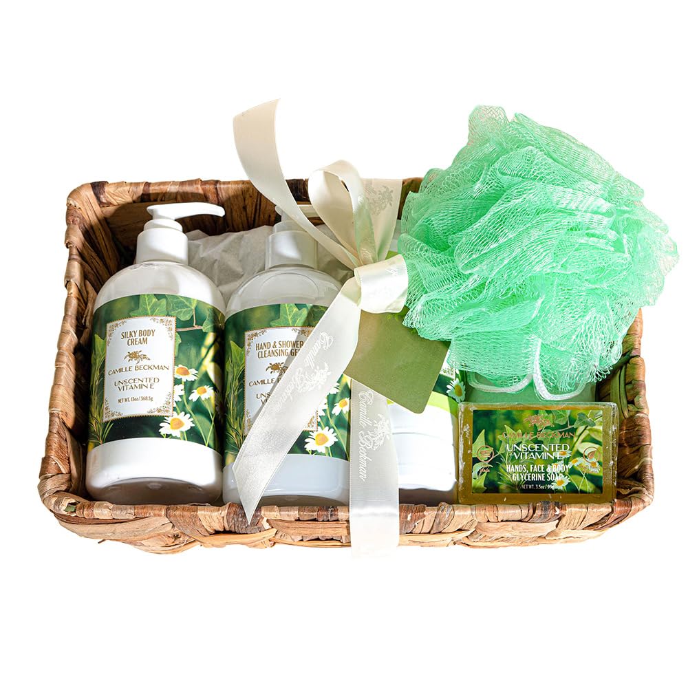 Camille Beckman Essentials Gift Basket, Vitamin E Unscented, Glycerine Hand Therapy 6 oz, Silky Body Cream 13 oz, Hand and Shower Cleansing Gel 13 oz, Glycerine Soap 3.5 oz