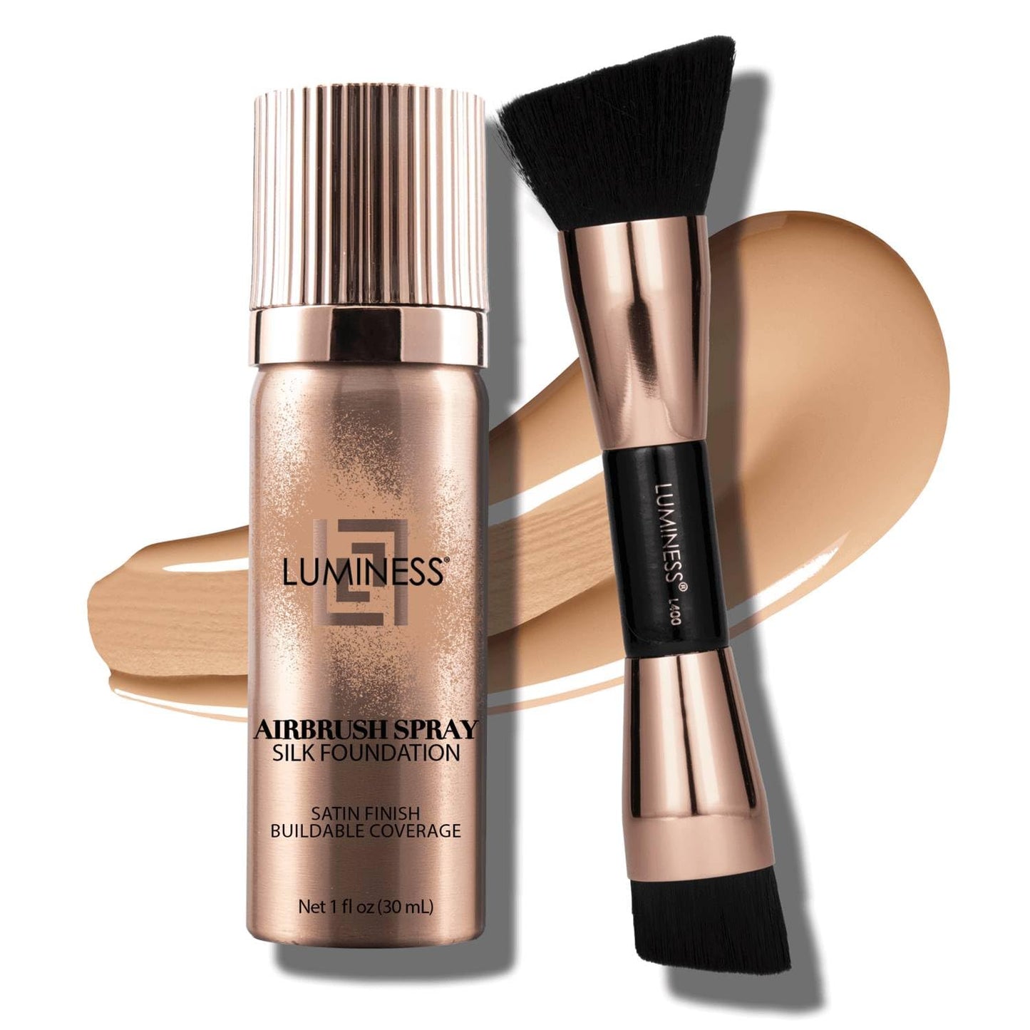 LUMINESS Silk Airbrush Spray Foundation 2-PC Kit - Foundation & Dual-Sided Angled Makeup Brush - Buildable Coverage, Anti-Aging Formula, Humidity Resistant, Hydrates & Moisturizes, Light Medium