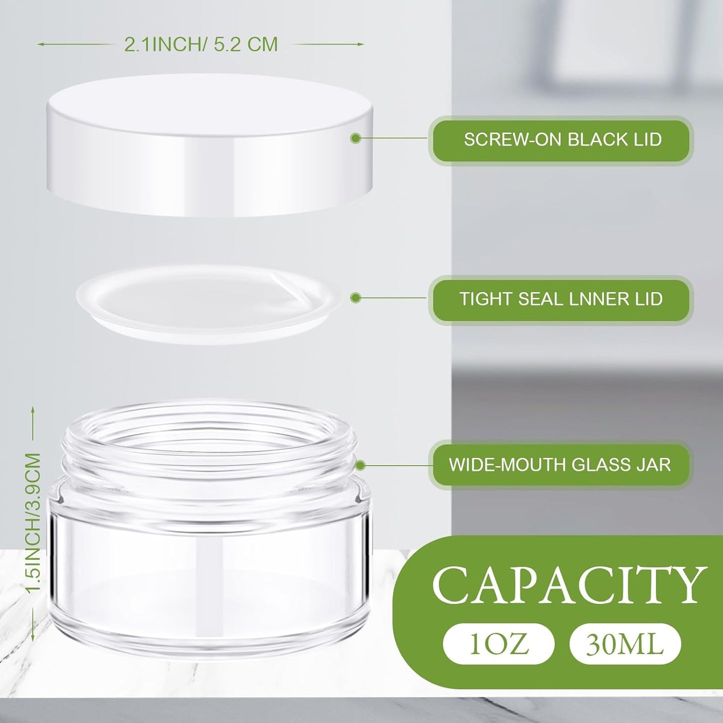 Domensi 100 Pcs 1 oz Glass Jars with Lids Bulk Round Glass Cosmetic Jars Lids 1 oz Small Travel Containers with Inner Liner for Lotions Powders Ointments Sample Cream(Clear, White)