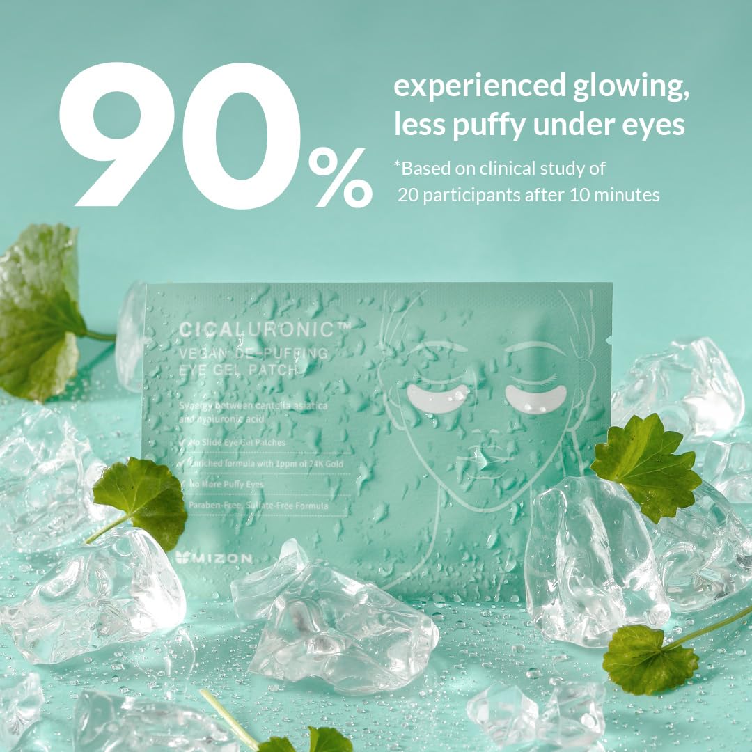 MIZON Cicaluronic Vegan De-puffing Eye Gel Patch, 24K Gold & Cica Under Eye Mask, Reduces Puffy Eyes, Dark Circles and Wrinkles (21 pairs)