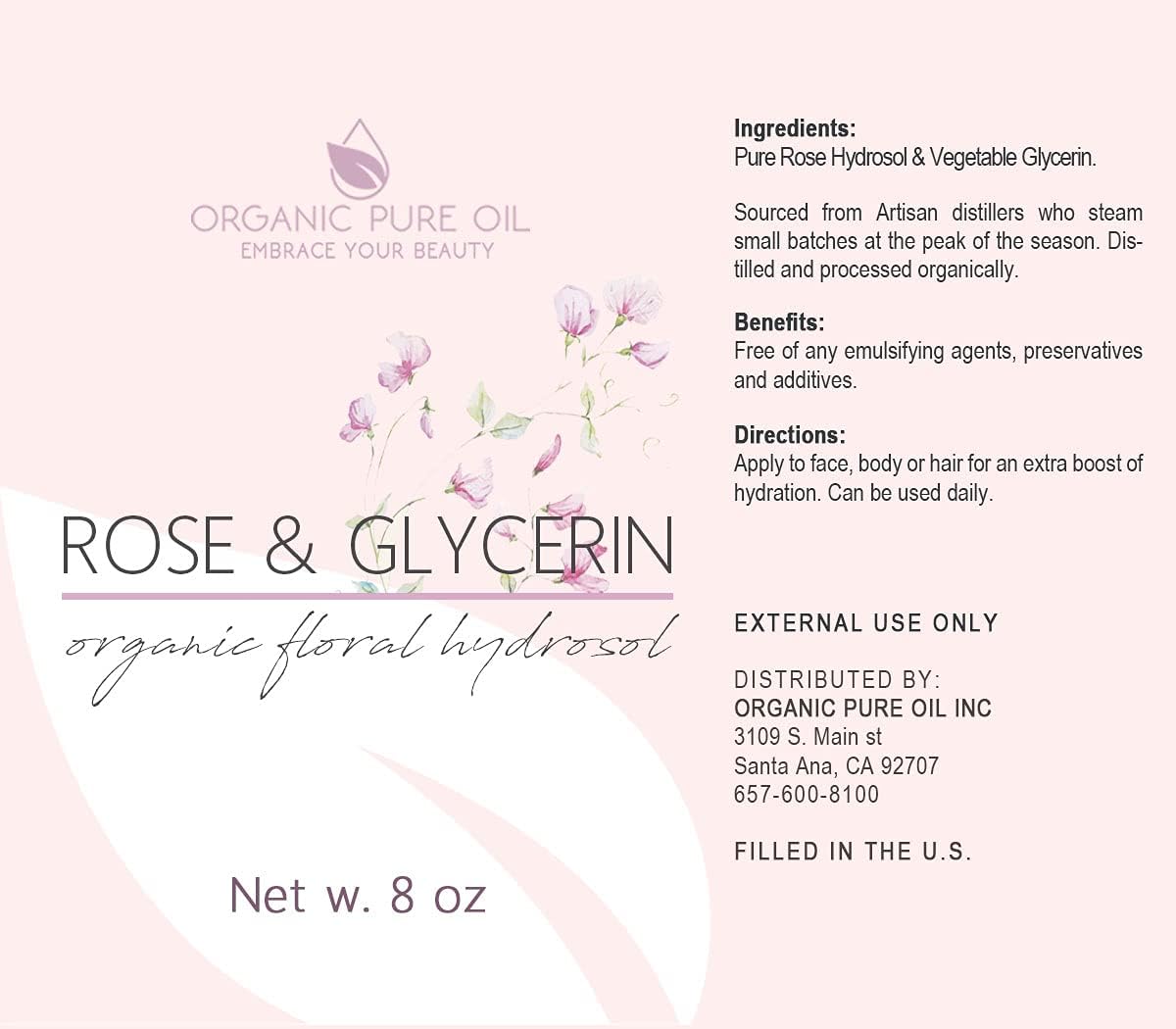 Rosewater Glycerin Mist Toner Bulk Spray Facial Body Floral Cleanser 100% Pure Rose Hydrosol and Vegetable Glycerine Moisturizing Cleansing Toning Mix for Face Skin Hair Body (8 Ounces)