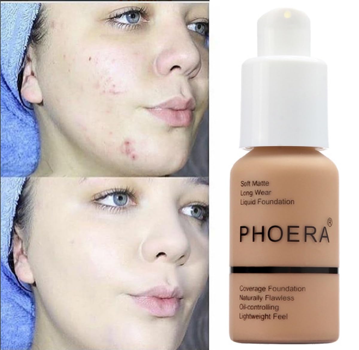 2 Pack PHOERA Foundation 108# Tan and 109# Mocha,Flawless Soft Matte Liquid Foundation 24 HR Oil Control Concealer Foundation Makeup.