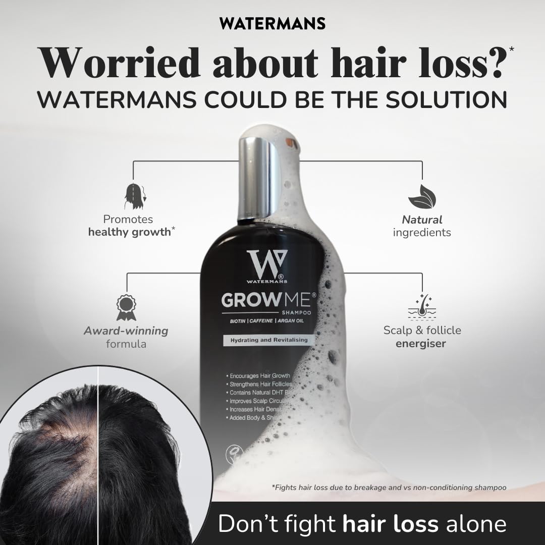 Watermans Shampoo Biotin, Rosemary, Caffeine, Niacinamide, Argan Oil for Thinning Hair, Natural Volumizing for Fine Hair, Hair Growth & Hair Loss with Nutrient-Rich Natural Ingredients 8.45 fl oz